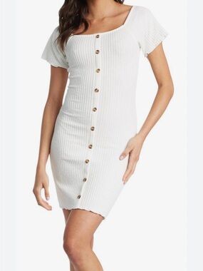 Roxy White Ribbed Button-Front Midi Dress